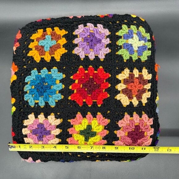Vintage Granny Square Crochet Throw Pillow Rainbow Black Handmade Decorative - Picture 9 of 10